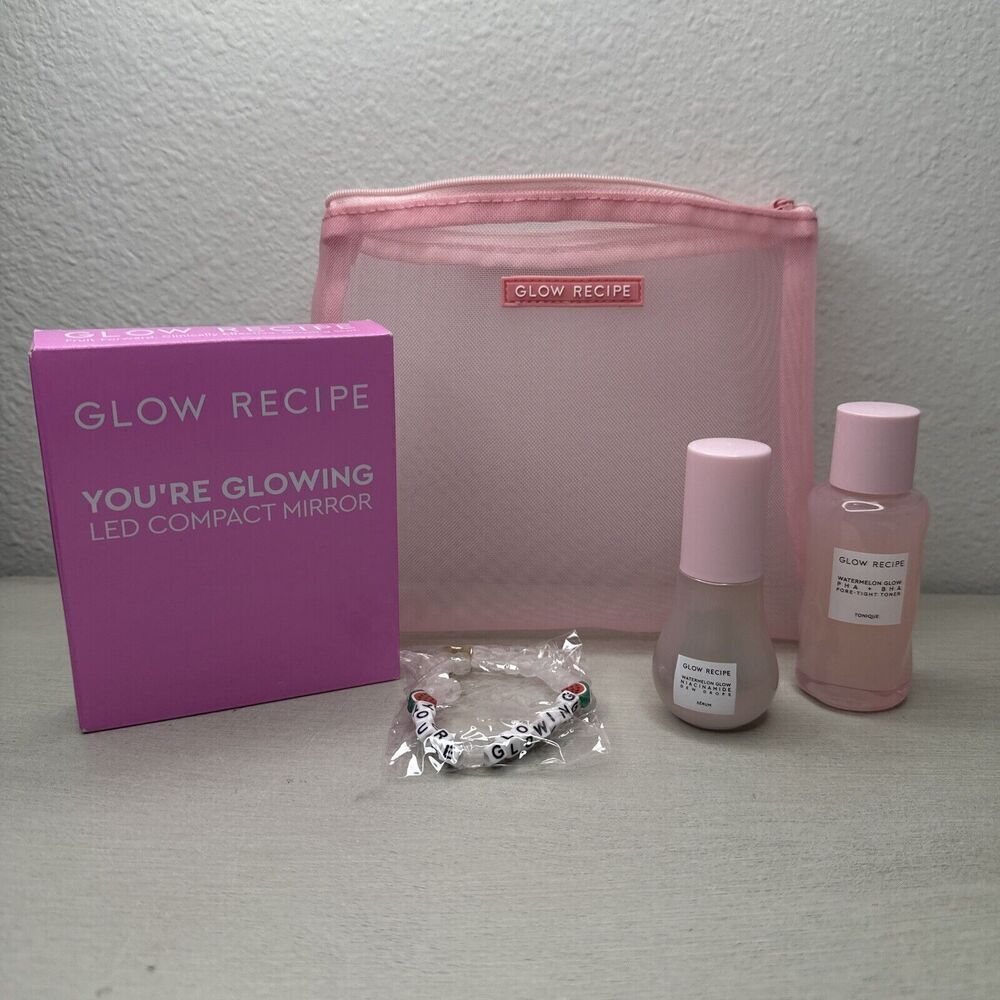 Glow Recipe 5 Piece Set Bag, Bracelet, Serum, Toner, Compact Mirror